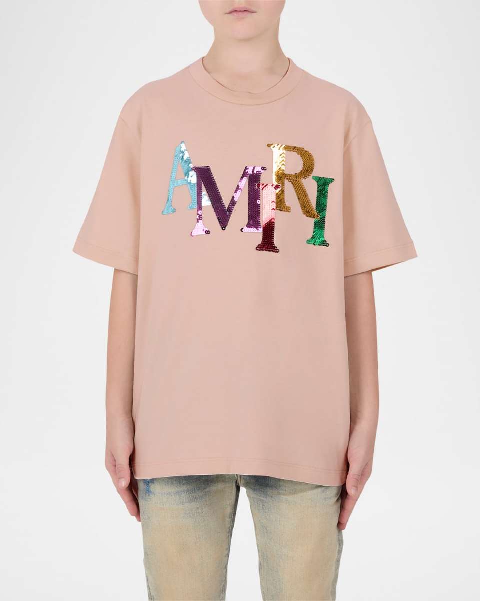 Girl's Staggered Sequin Logo Short-Sleeve T-Shirt, Size 4-12